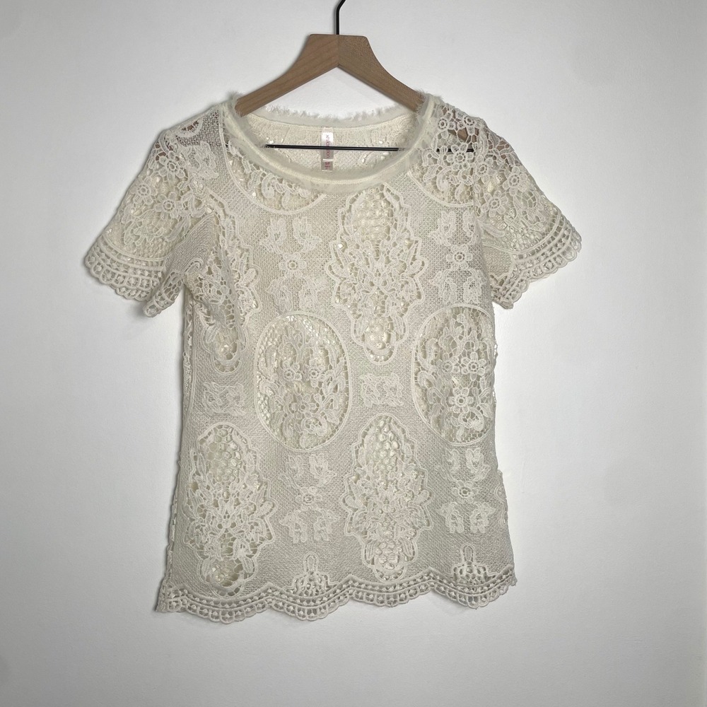 Lace Crochet Top Women Small Cream Sheer Scallop Boho Fairy Cottagecore Layering